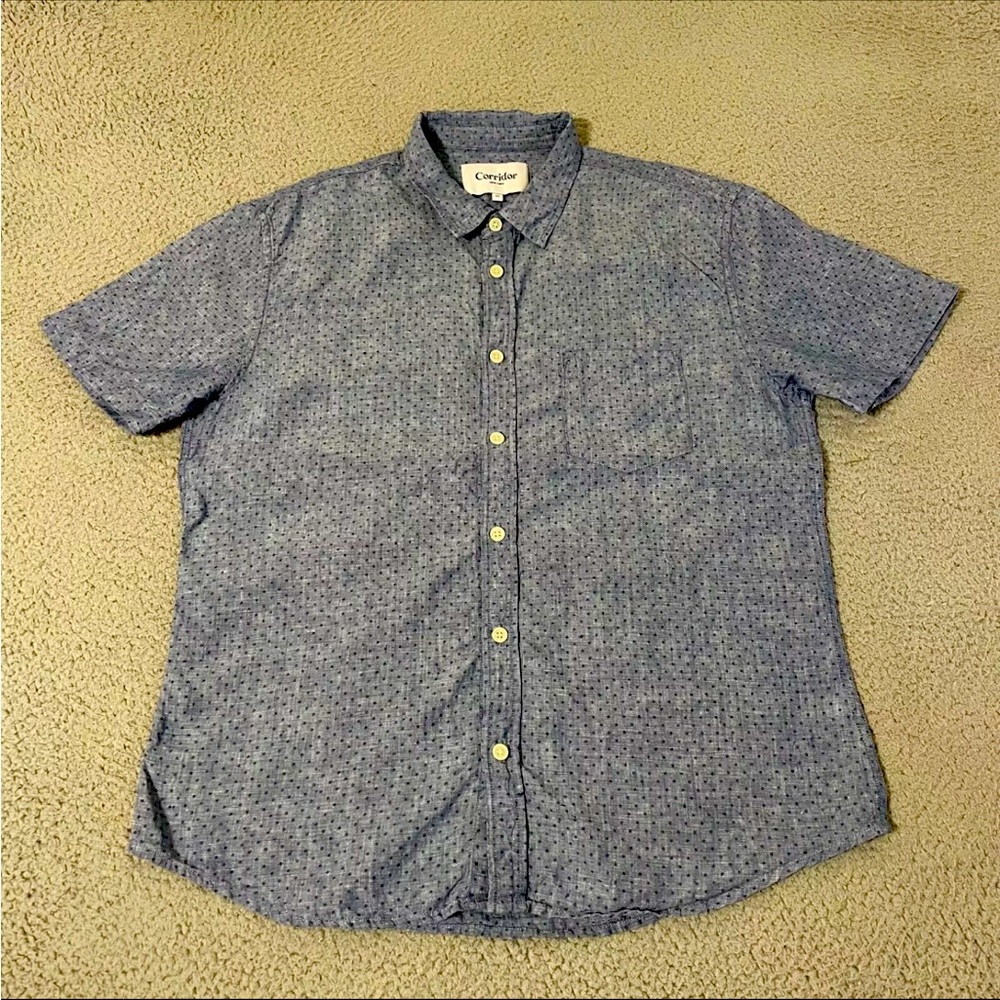 Corridor NYC Shirt Mens Extra Large Blue Polka Dot Linen Casual Button Up